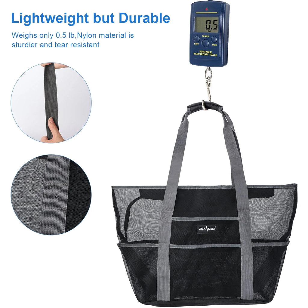 Large Blue Nylon Mesh Beach Pool Bag with Zipper and 8 Pockets B1996