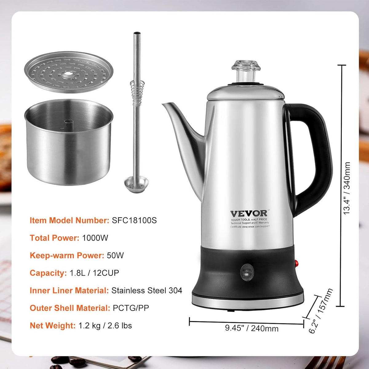 12-Cup 304 Stainless Steel Electric Coffee Percolator G97394