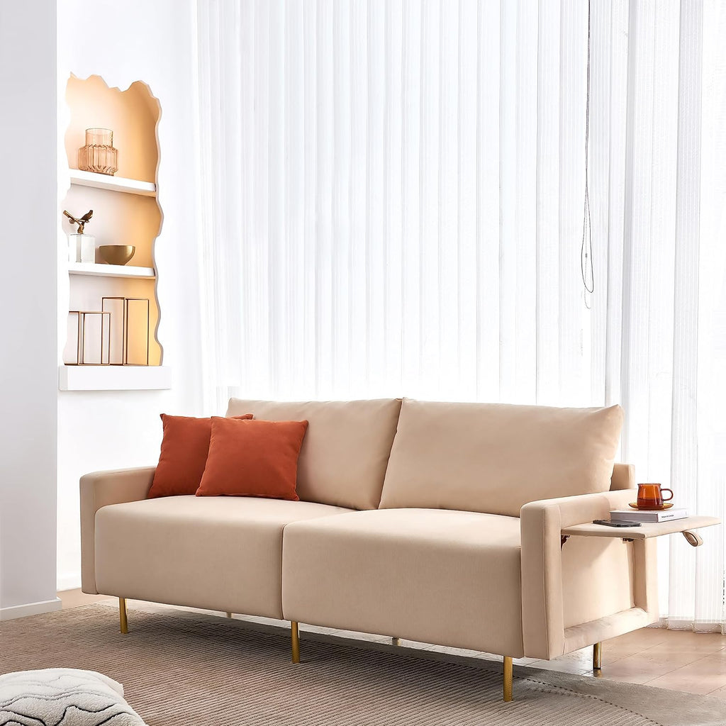 Beige Fabric Loveseat Couch with Removable Tray and Adjustable Metal Legs O33253