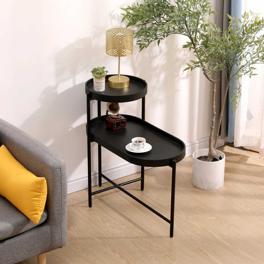 Black 2-Tier Side Table with Storage Y822