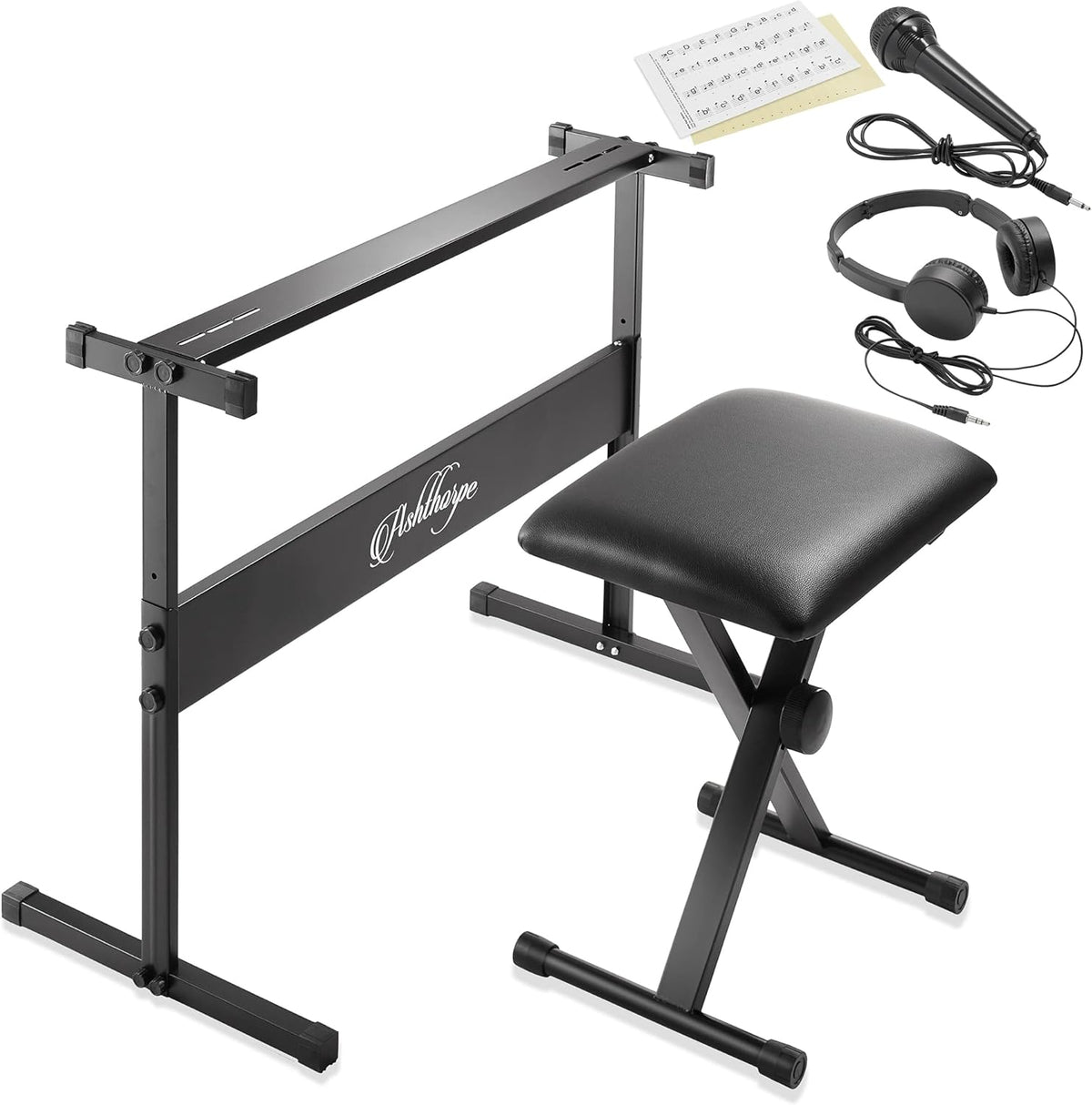 61-Key Digital Electronic Keyboard Piano with Light Up Keys, Stand, Bench, Headphones, Mic and Keynote Stickers M838559