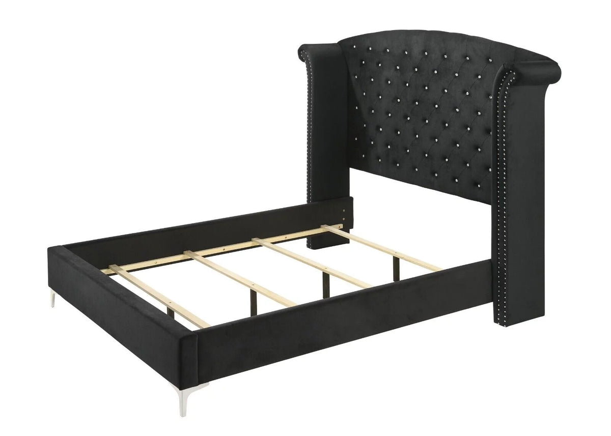 4pc Queen Size Black Velvet Bedroom Set I9229