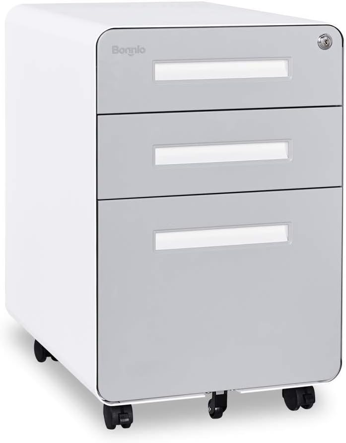 3 Drawer Mobile File Cabinet with Lock, Metal, Black&White H335669