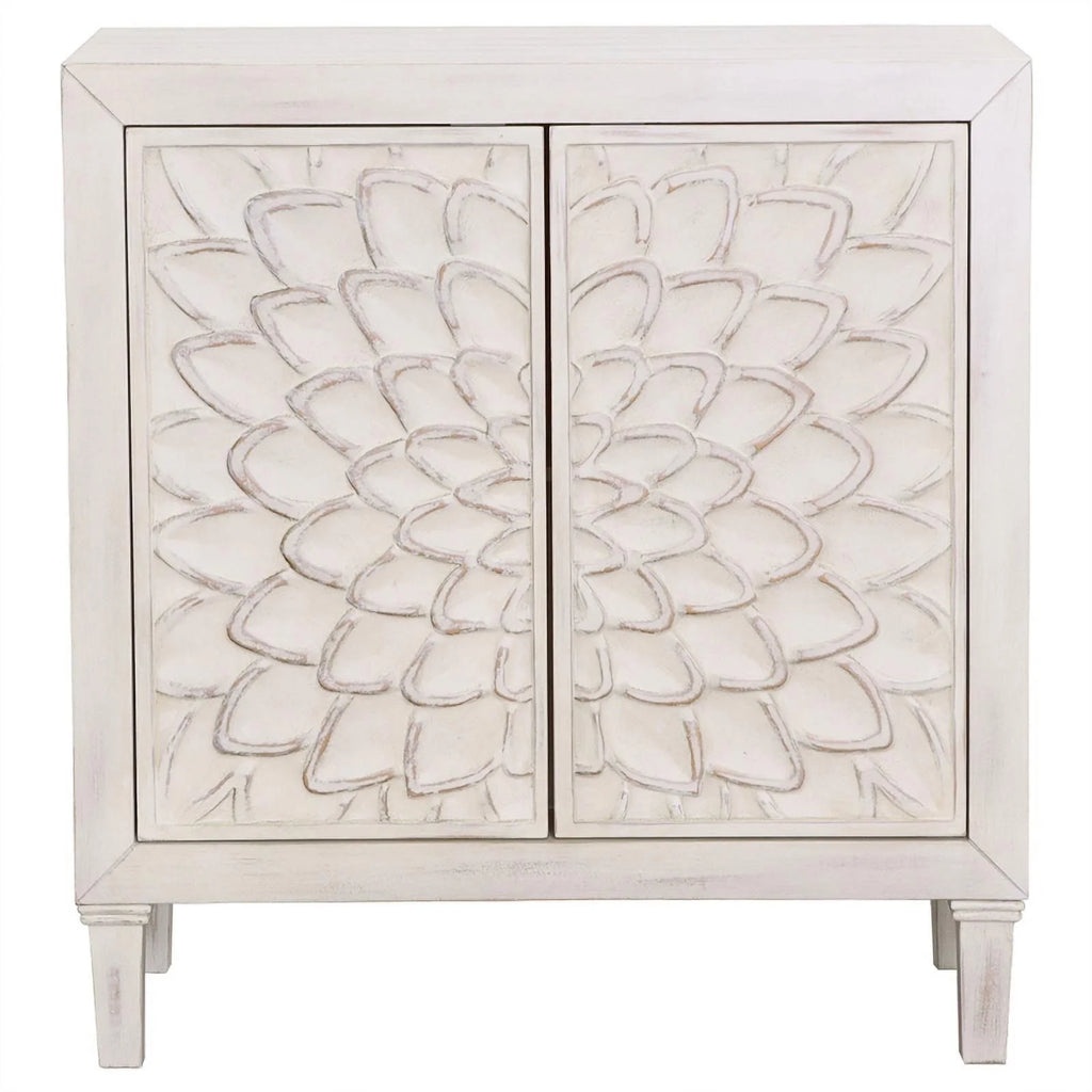 White Wood Accent Cabinet with Floral Carved Door E7103