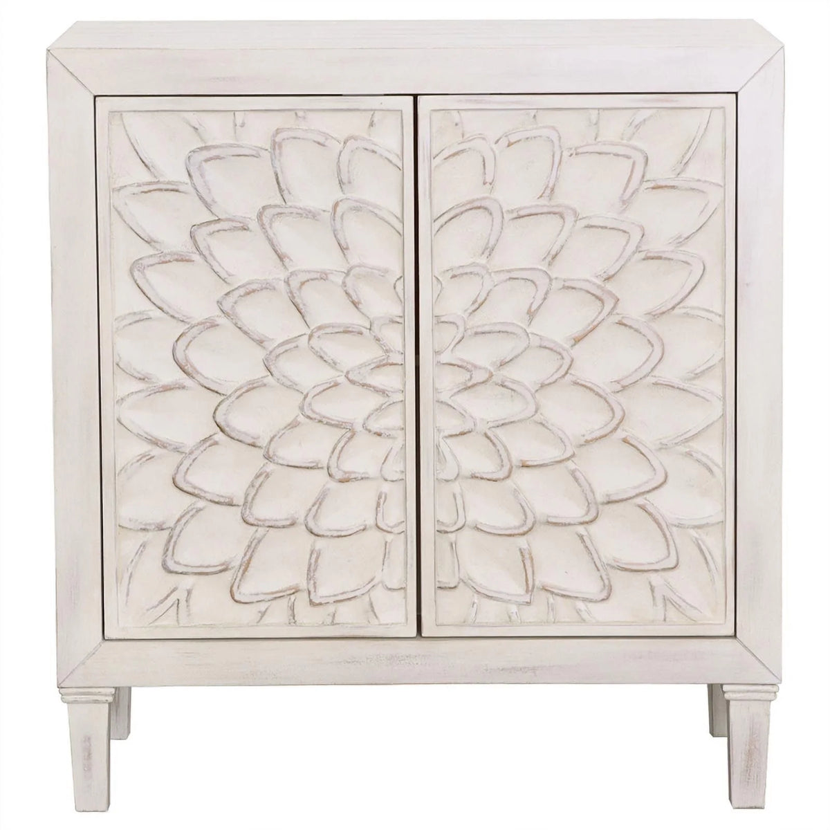 White Wood Accent Cabinet with Floral Carved Door E7103