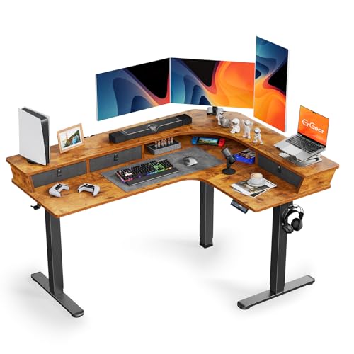Electric L Shaped Standing Desk, 65'' Height Adjustable Corner Desk with Storage Drawers, Black O855323