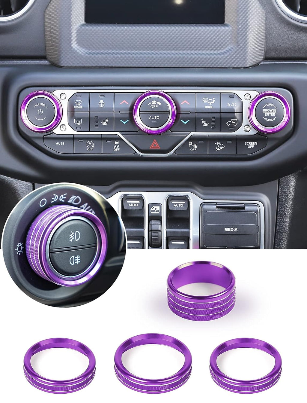 HVAC Climate Control Panel Knob Trim Kit & Light Control Switch Cover, Aluminum Alloy Ring I69996