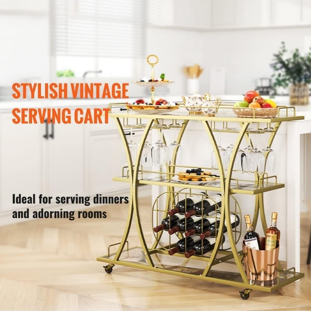 3 Tiers Metal Bar Serving Cart with Wine Rack Glass Holder T445470