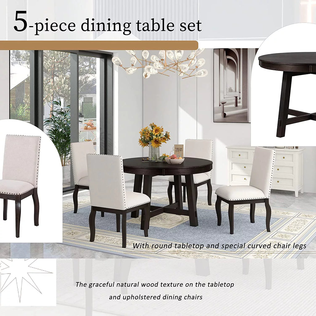 5-Piece Round Dining Table and Upholstered Chair Set with Shelf E16437