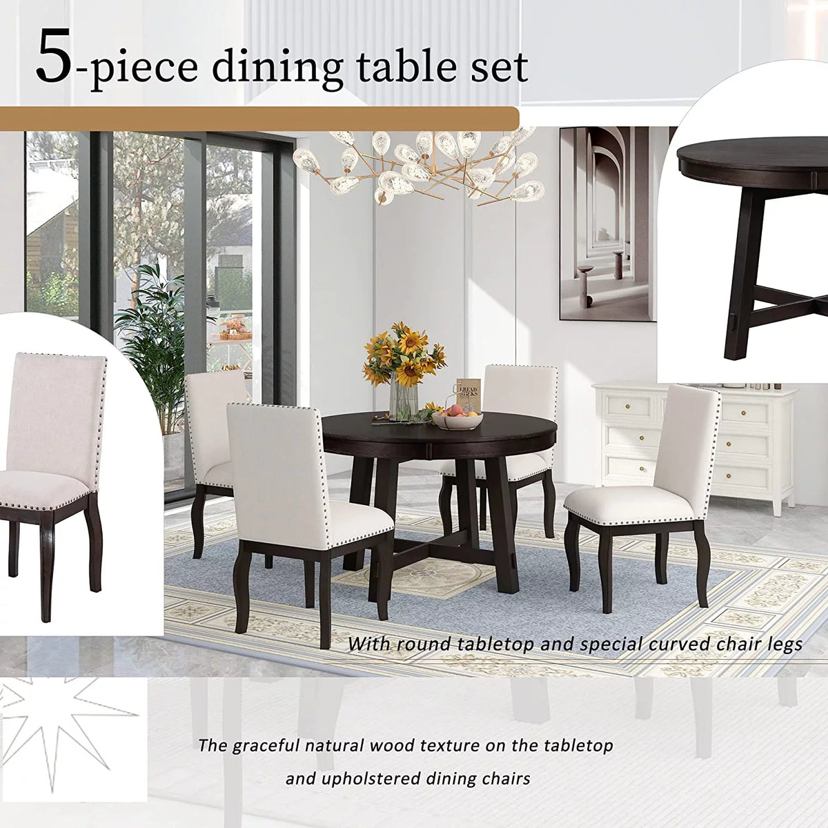 5-Piece Round Dining Table and Upholstered Chair Set with Shelf E16437