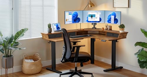 Electric L Shaped Standing Desk, 65'' Height Adjustable Corner Desk with Storage Drawers, Black O855323