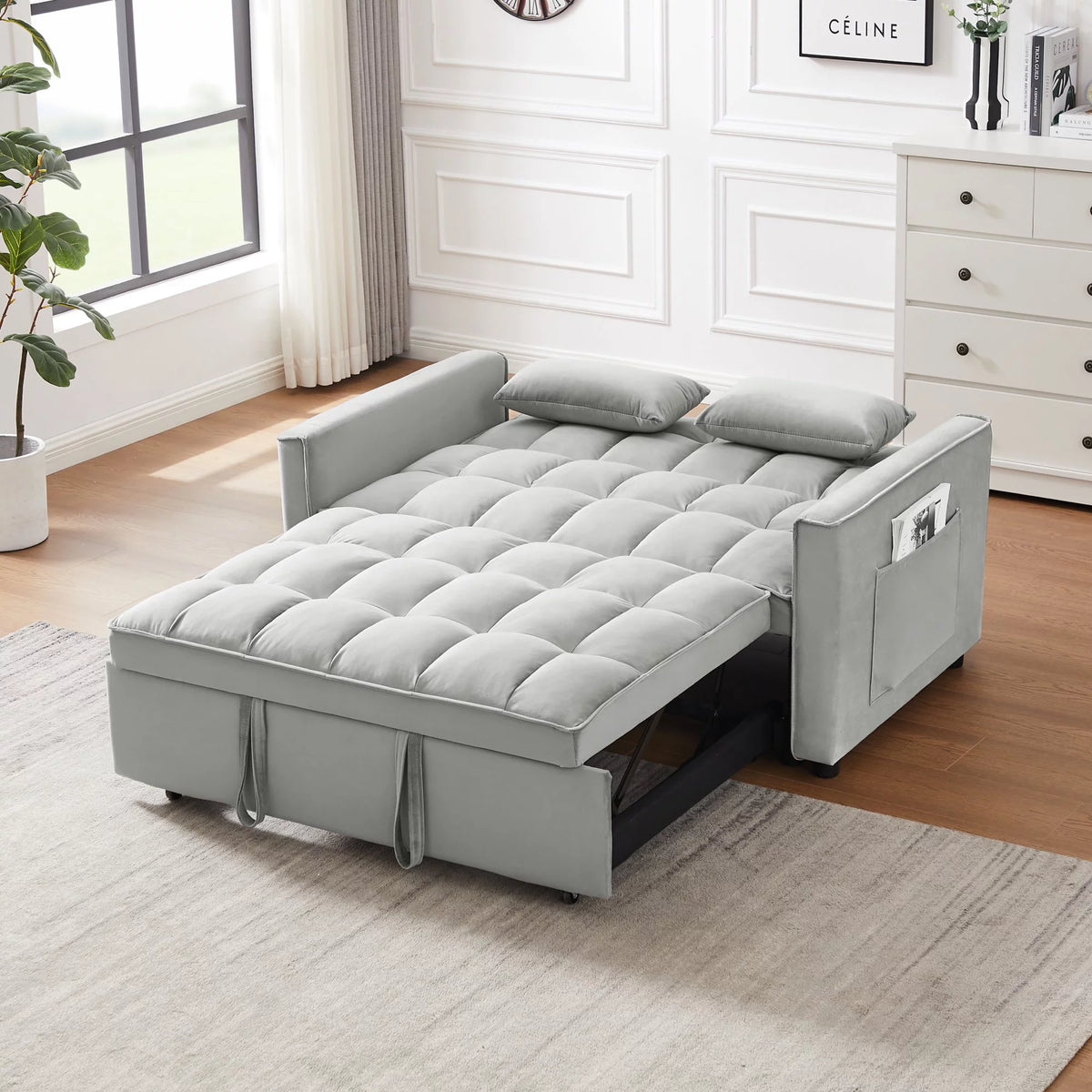 Velvet Convertible Sleeper Sofa Bed with 2 Lumbar Pillows D70491