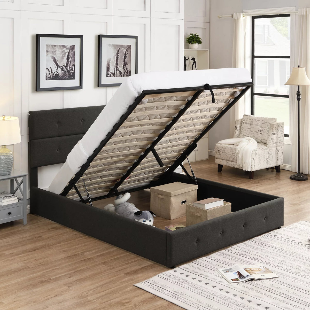 Upholstered Platform Bed with Underneath Storage Queen Size Gray Y62295