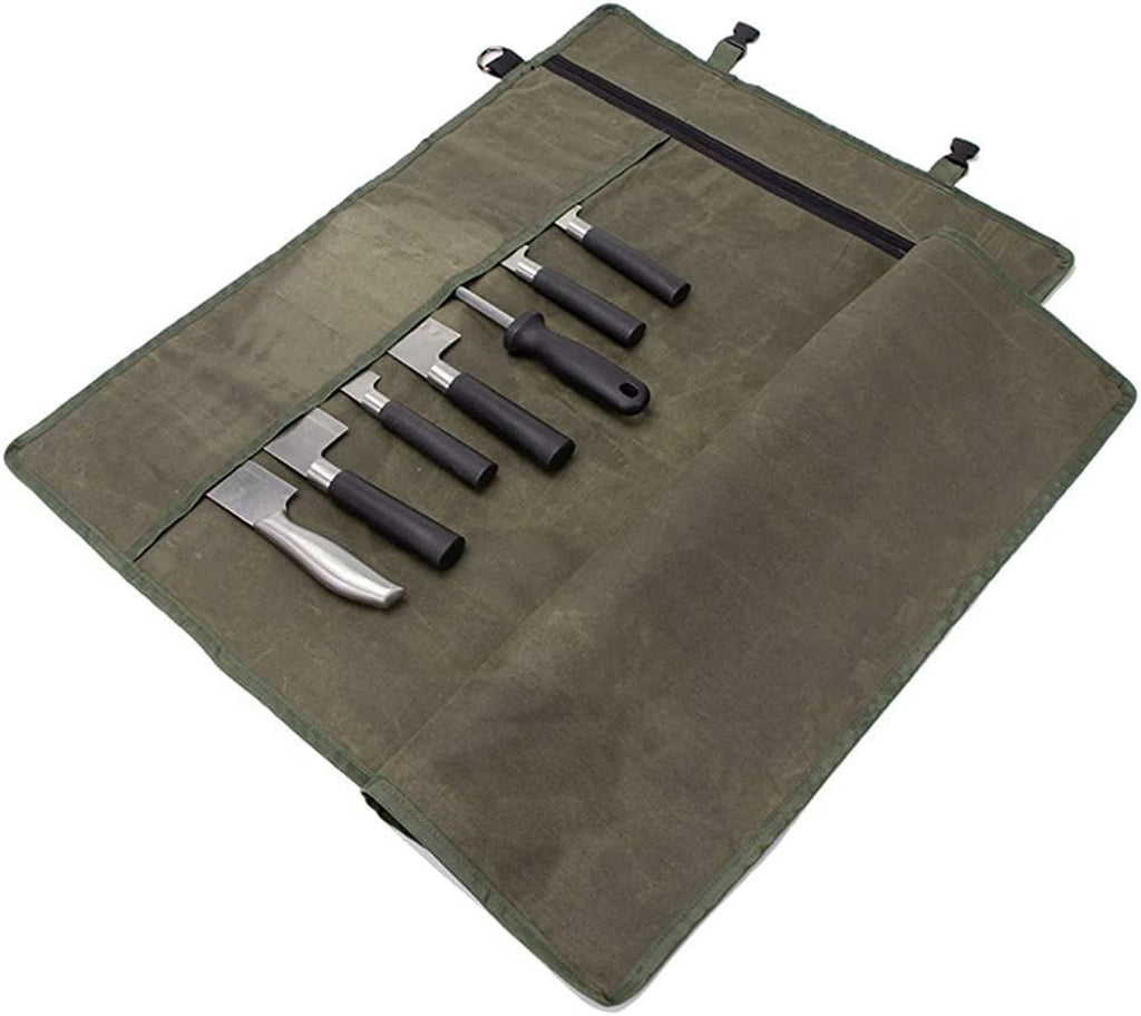 Waxed Canvas Knife Roll Bag with 10 Slots Plus 1 Zipper Pocket T6034