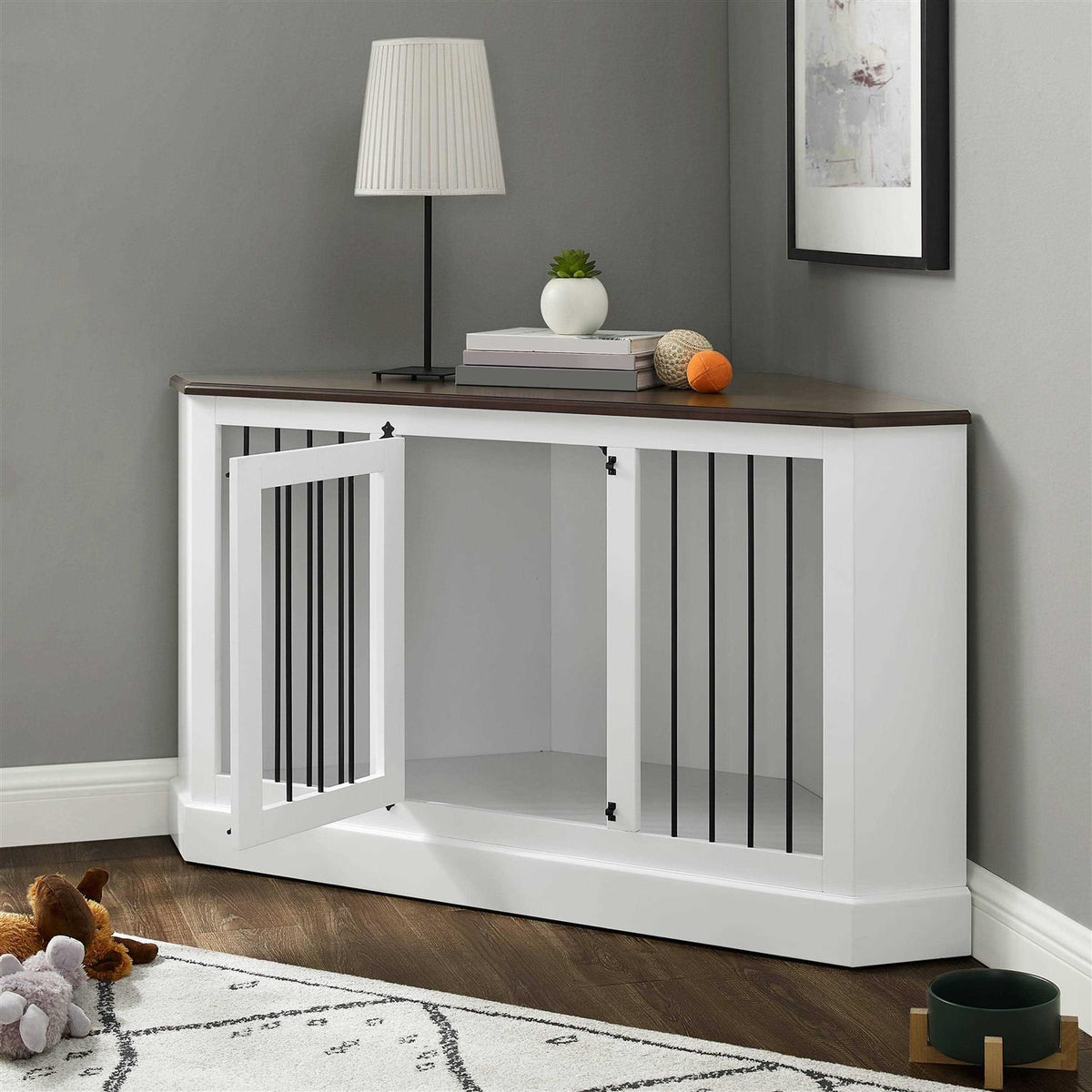 White Corner Credenza Dog Crate D2334