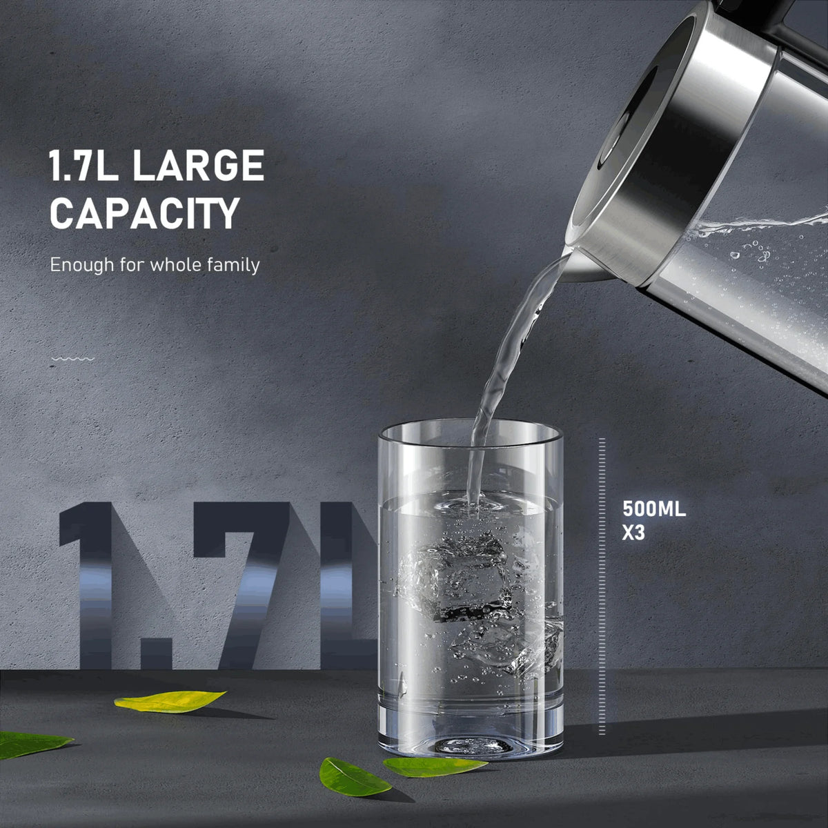 Silver Electric Kettle 1.7L 1500W Glass Y6055