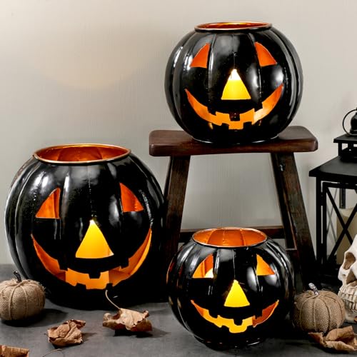 3 Sets Halloween Metal Jack O Lanterns Pumpkin with 3 LED Candles with Black Creepy Cloth Decoration Bundle L45567