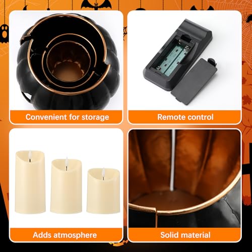 3 Sets Halloween Metal Jack O Lanterns Pumpkin with 3 LED Candles with Black Creepy Cloth Decoration Bundle L45567