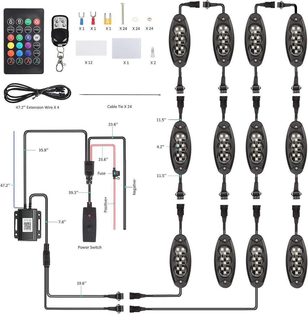 12 Pods LED Rock Lights Kit, APP/RF Control Multicolor Waterproof Exterior Rock Lights B3379