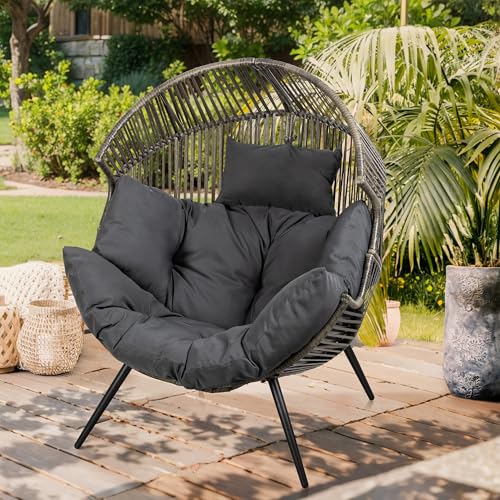 Oversized Beige Wicker Egg Chair with Cushion A403789