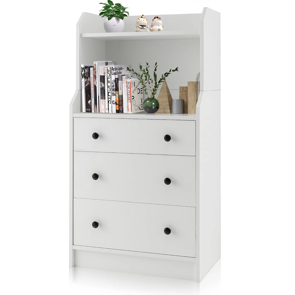 White 3 Drawer Wood Dresser with 2 Open Shelves Q288