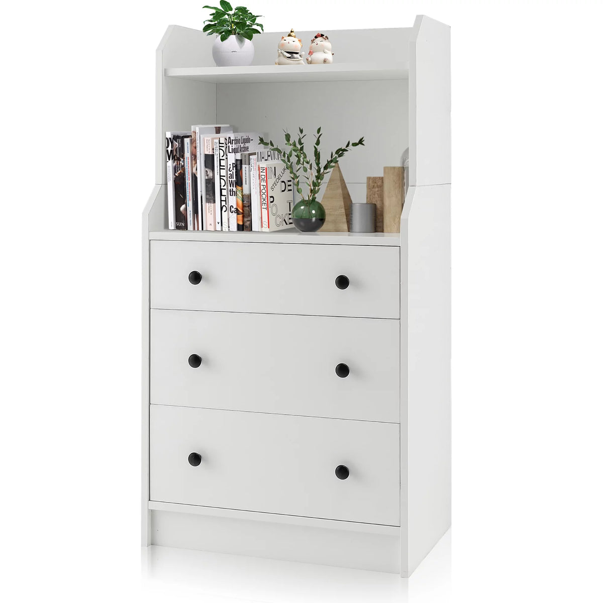 White 3 Drawer Wood Dresser with 2 Open Shelves Q288