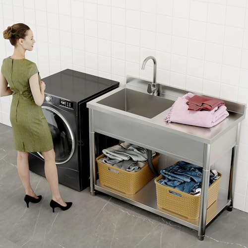 Stainless Steel Freestanding Utility Sink with Pull-out Faucet W98277