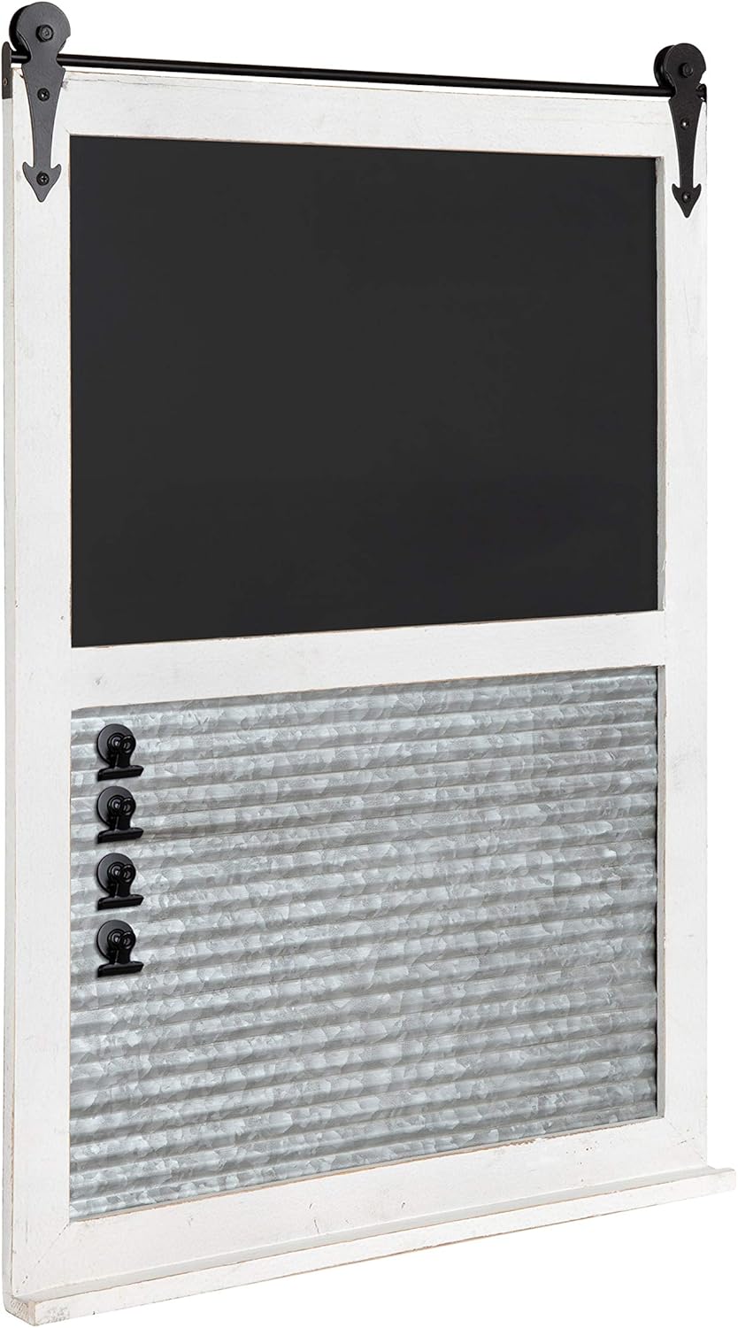 Rustic White Wood Framed Multi-Use Organizer with Chalkboard and Magnetic Memo Area N433