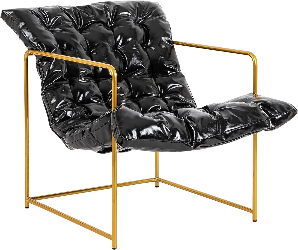 Black Faux Leather Sling Chair with Gold Metal Frame V2159