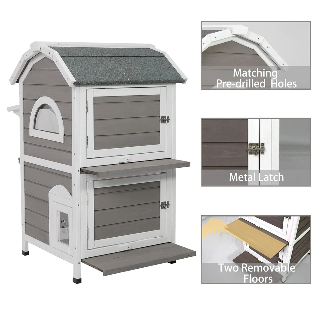 Weatherproof Two Story Wooden Outdoor Cat House Y3963