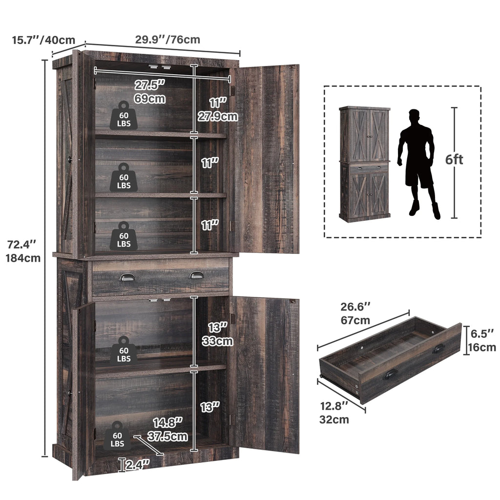 72" 4 Door 6-Tier Rustic Oak Kitchen Pantry Storage Cabinet Z31013