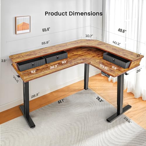 Electric L Shaped Standing Desk, 65'' Height Adjustable Corner Desk with Storage Drawers, Black O855323