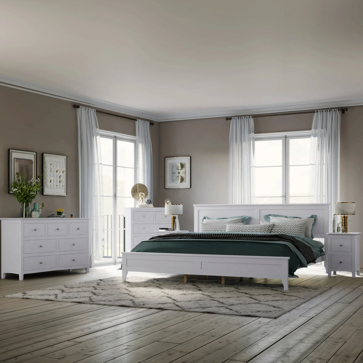 White Solid Wood 5 Pieces King Bedroom Set S953
