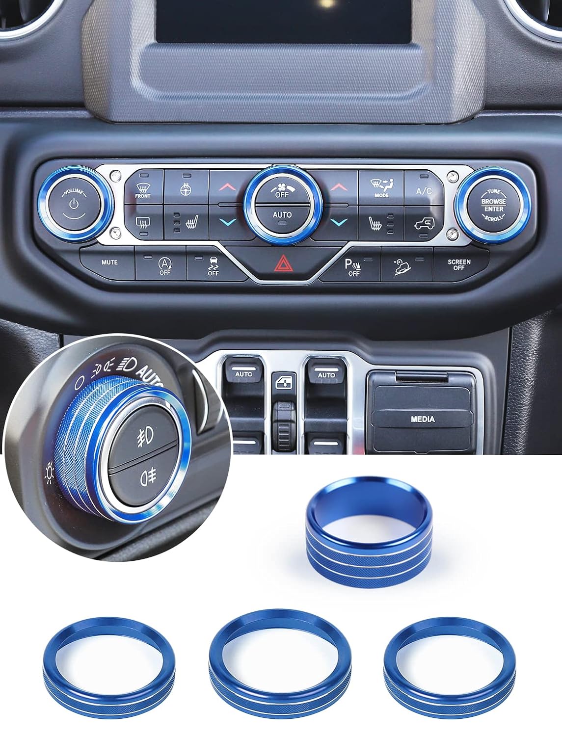 HVAC Climate Control Panel Knob Trim Kit & Light Control Switch Cover, Aluminum Alloy Ring I69996