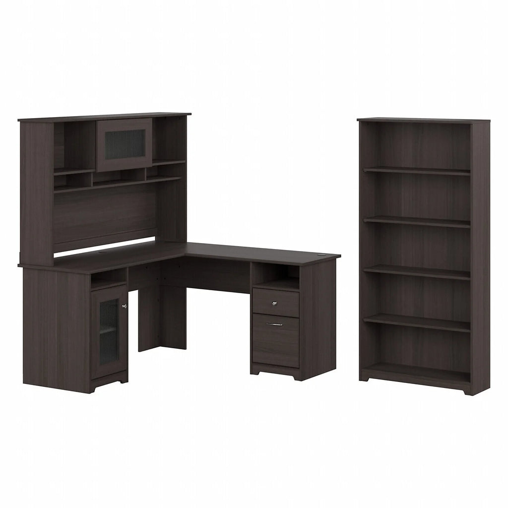 60W L Shaped Computer Desk with Hutch and 5 Shelf Bookcase V2327