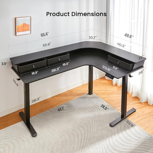 Electric L Shaped Standing Desk, 65'' Height Adjustable Corner Desk with Storage Drawers, Black O855323