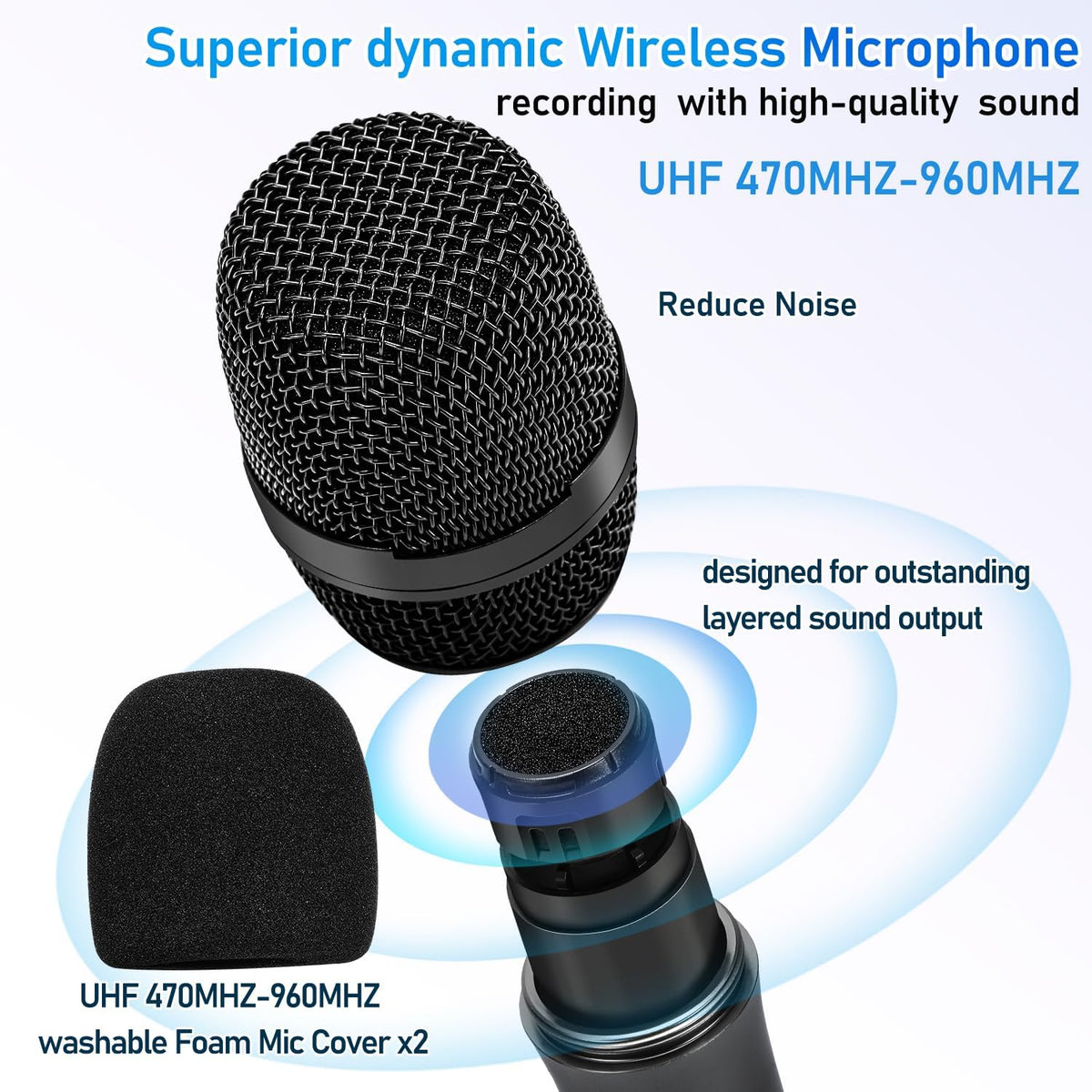Wireless Handheld Dynamic Cordless Microphone with Rechargeable Bluetooth Receiver, UHF 200 FT Range, 6.5mm/3.5mm Output M9405