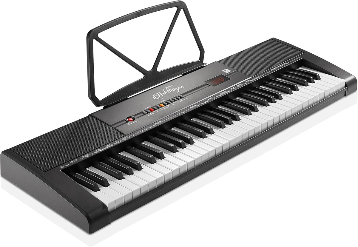 61-Key Digital Electronic Keyboard Piano with Light Up Keys, Stand, Bench, Headphones, Mic and Keynote Stickers M838559