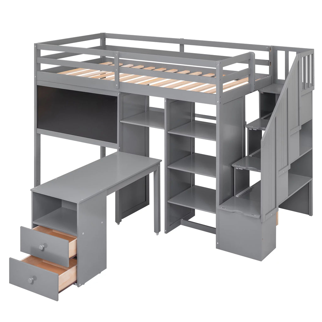 Grey Twin Size Wood Loft Bed with Desk and Storage I8250