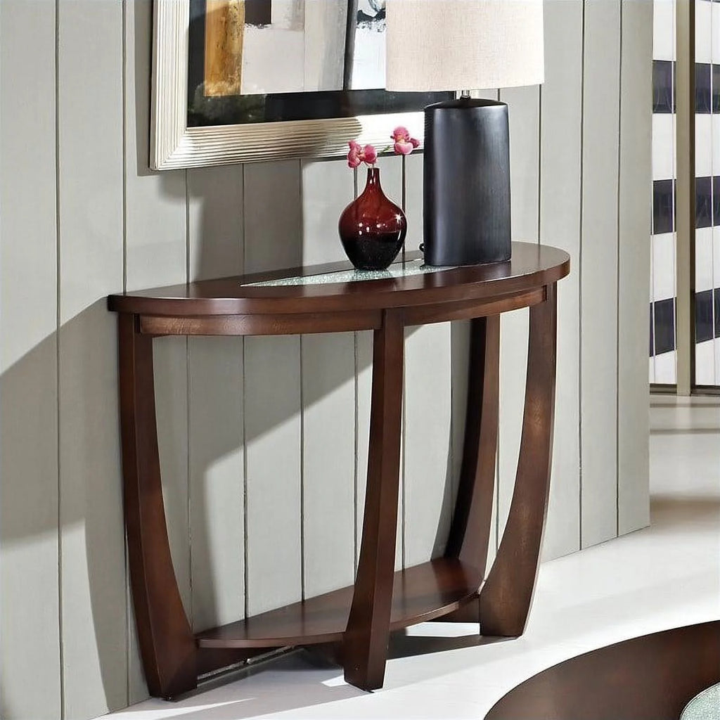 Cherry Finish Wood Sofa Table with Cracked Glass Insert C96733
