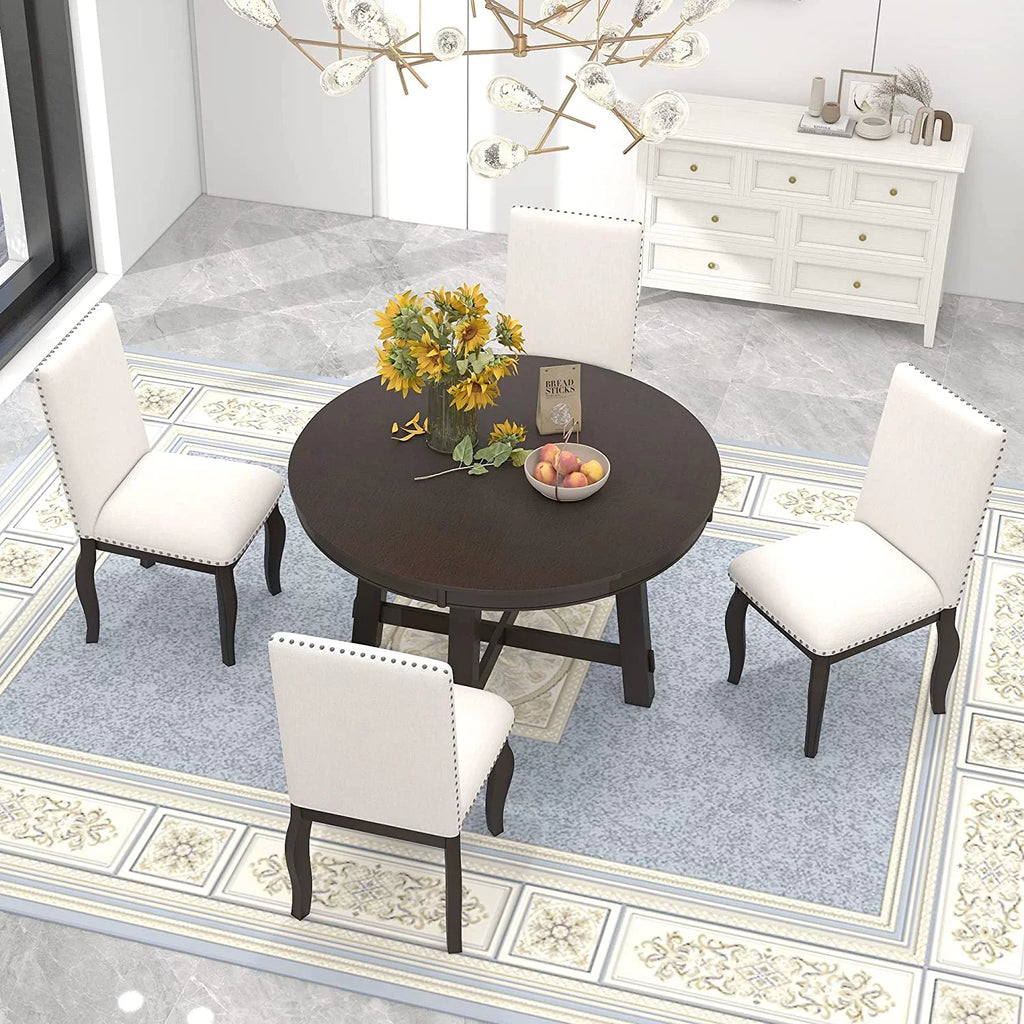 5-Piece Round Dining Table and Upholstered Chair Set with Shelf E16437