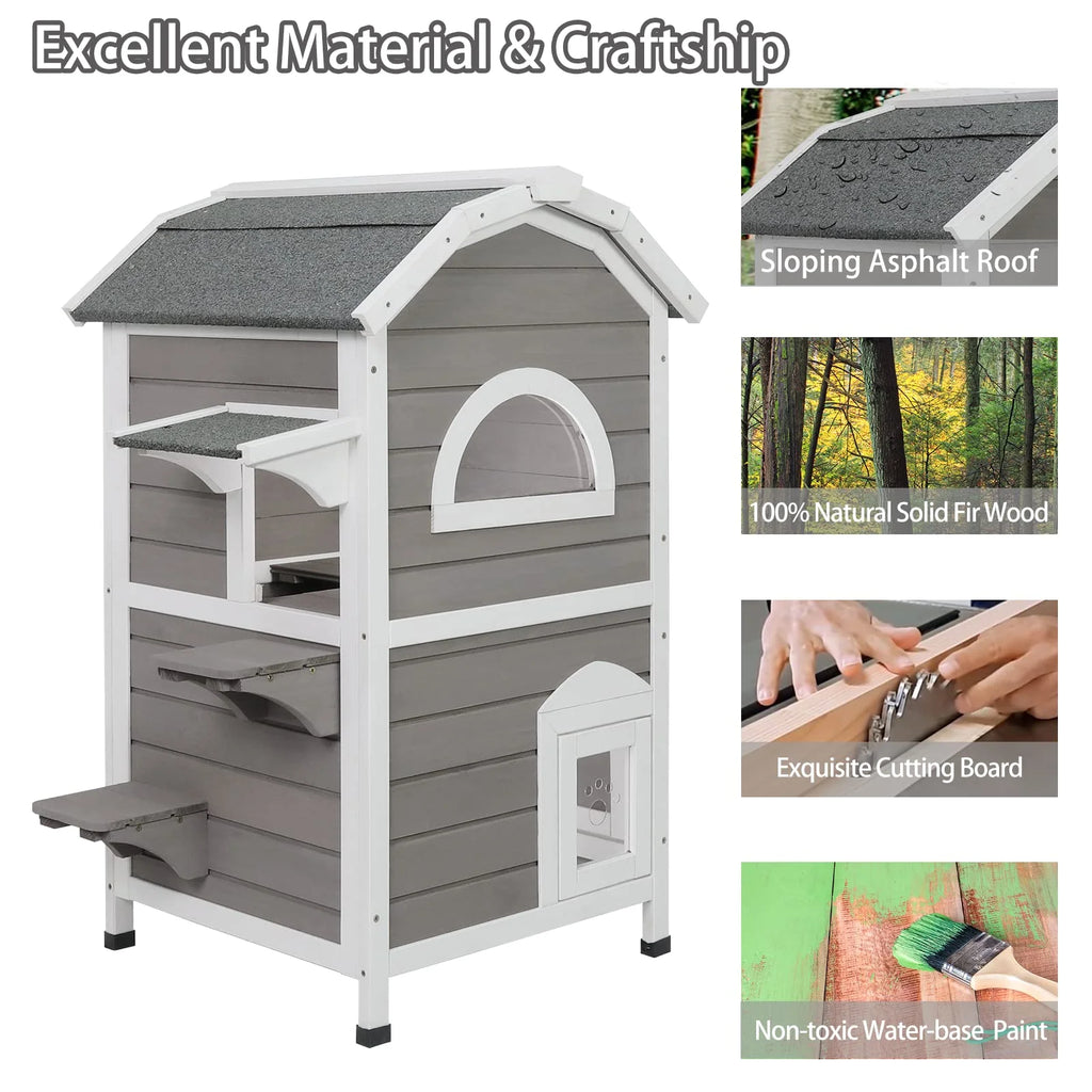 Weatherproof Two Story Wooden Outdoor Cat House Y3963