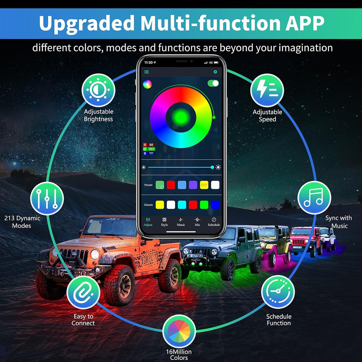 12 Pods LED Rock Lights Kit, APP/RF Control Multicolor Waterproof Exterior Rock Lights B3379