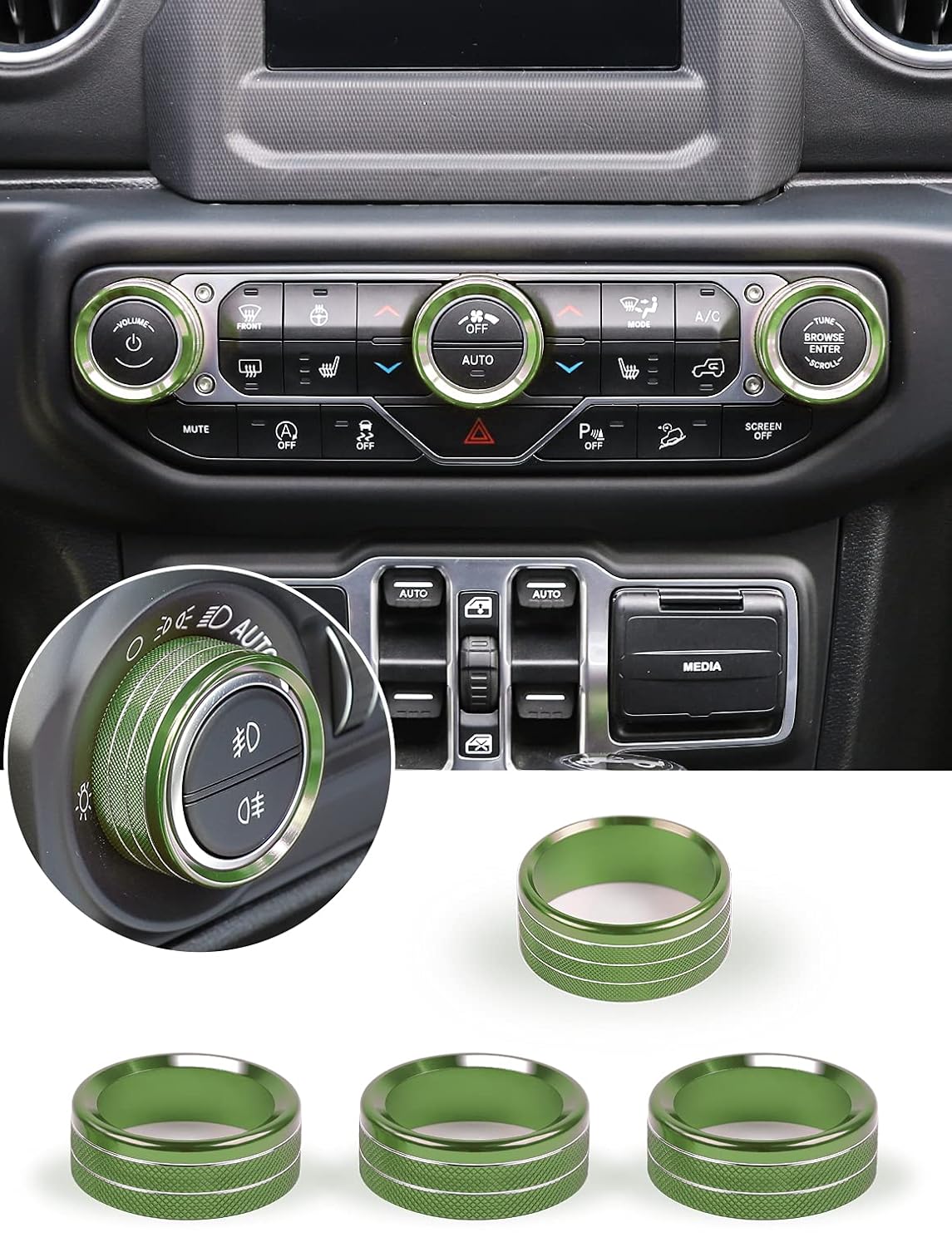 HVAC Climate Control Panel Knob Trim Kit & Light Control Switch Cover, Aluminum Alloy Ring I69996