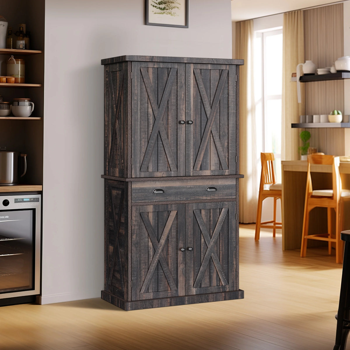 72" 4 Door 6-Tier Rustic Oak Kitchen Pantry Storage Cabinet Z31013