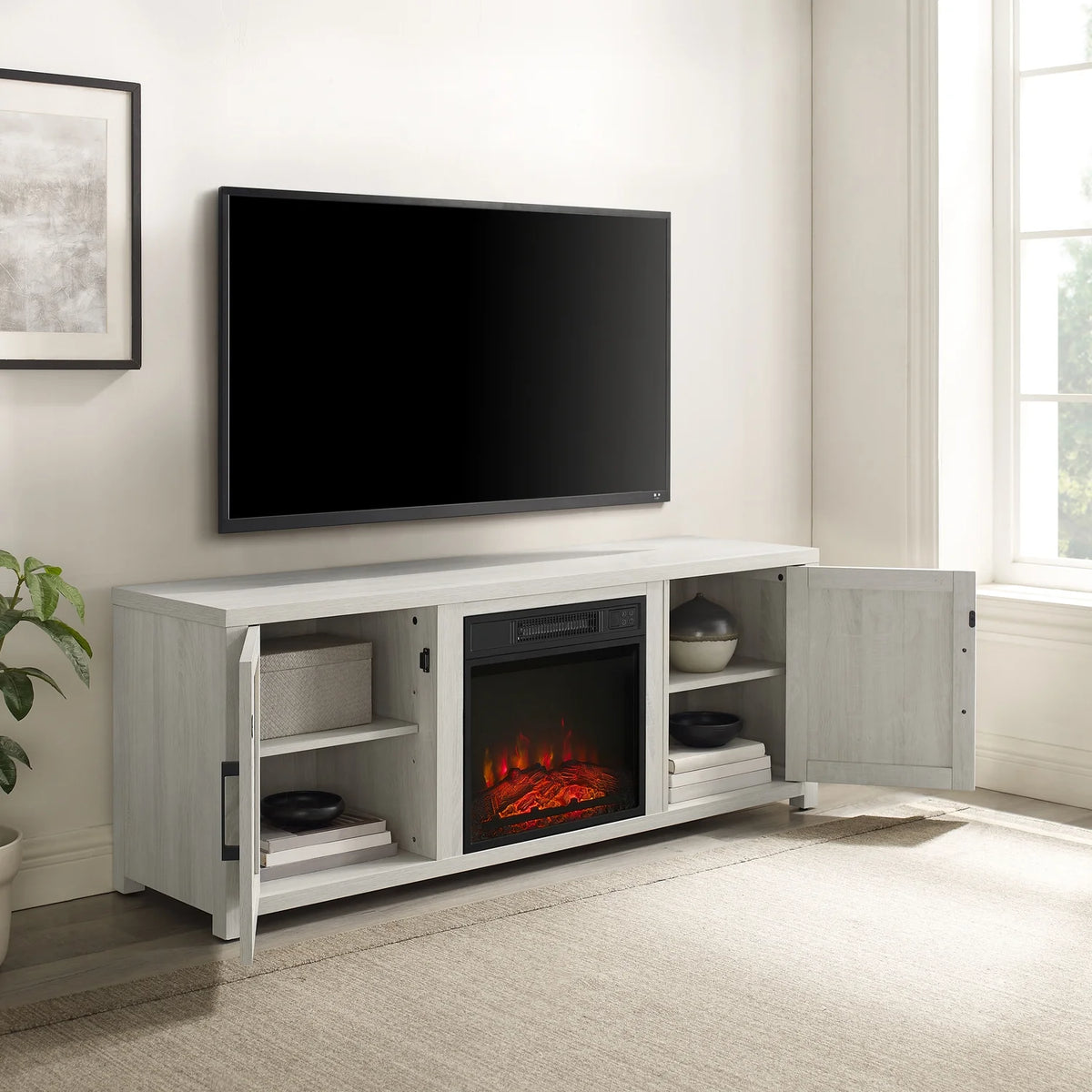 White Wood TV Stand with Fireplace B271