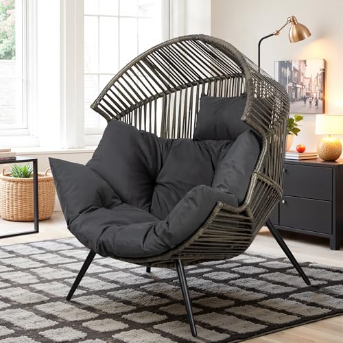 Oversized Beige Wicker Egg Chair with Cushion A403789