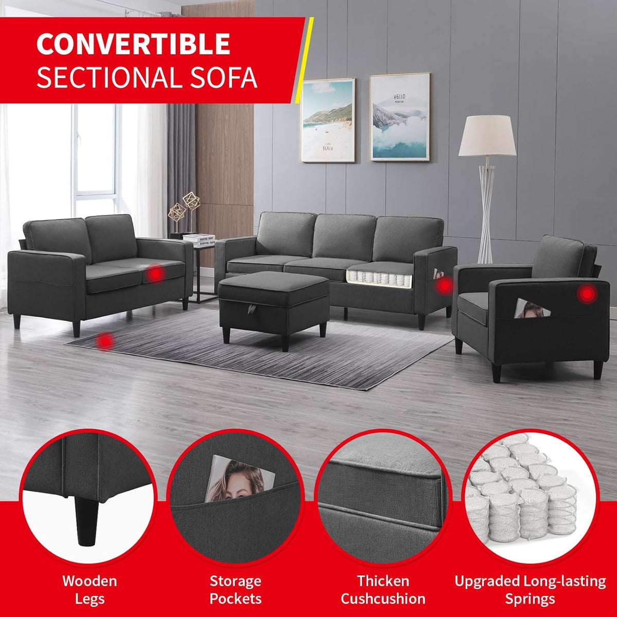 3 Piece Modular Sectional Sofa Set with Storage Ottoman (Dark Gray) S25563