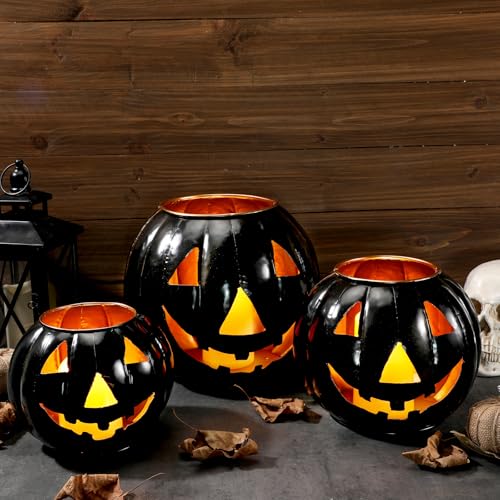 3 Sets Halloween Metal Jack O Lanterns Pumpkin with 3 LED Candles with Black Creepy Cloth Decoration Bundle L45567