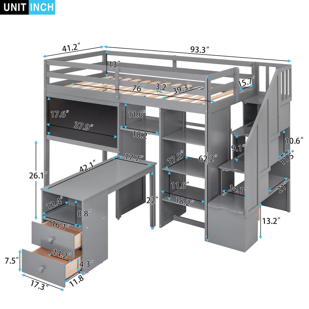 Grey Twin Size Wood Loft Bed with Desk and Storage I8250